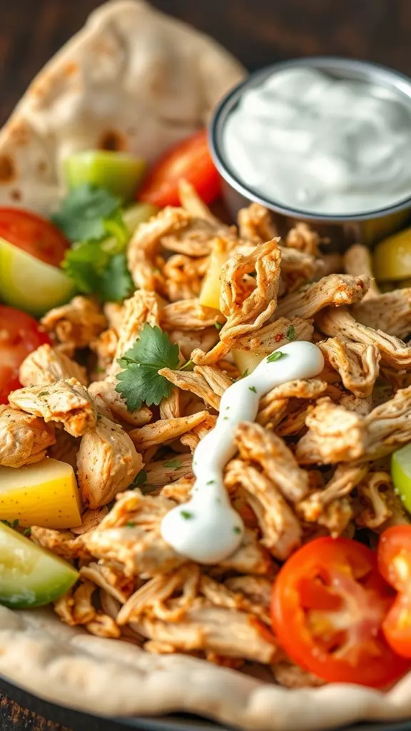 A delicious plate of shredded chicken gyros with vegetables and sauce.