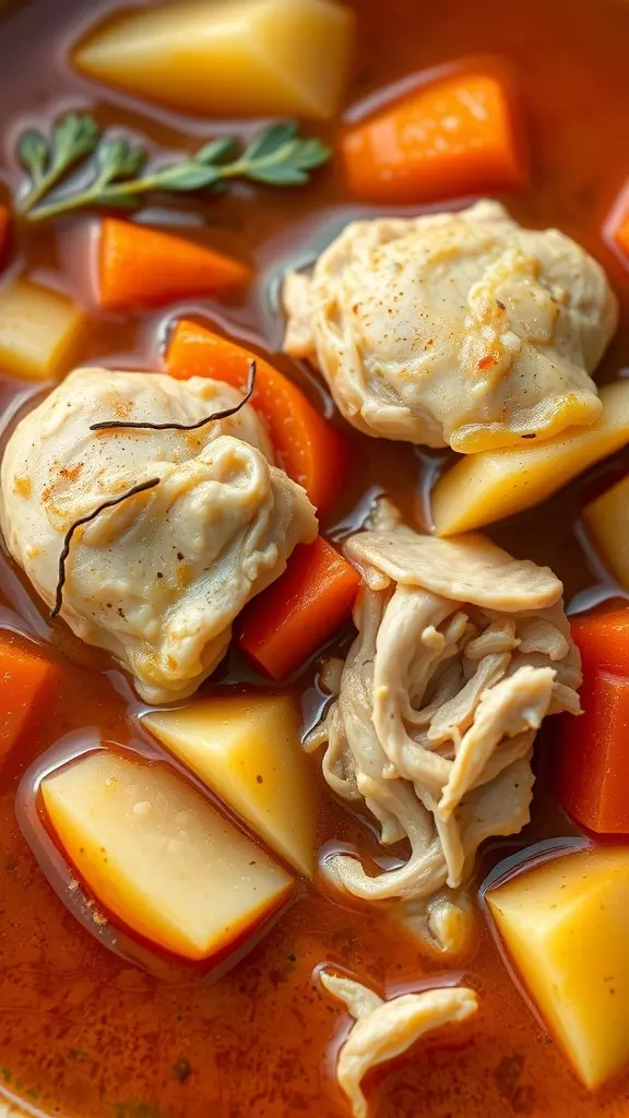 A close-up of chicken stew with carrots, potatoes, and herbs in a bowl.