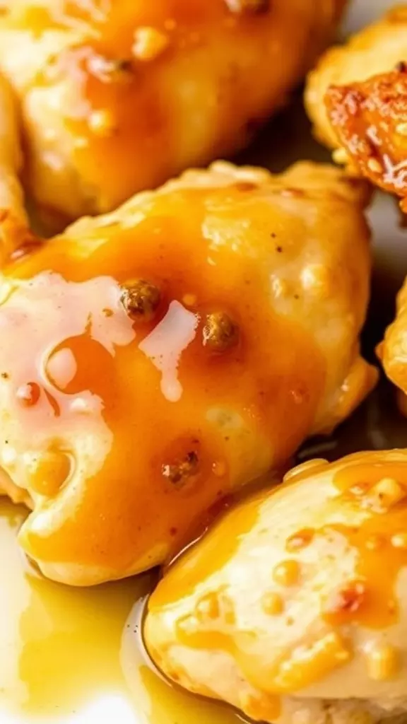 Close-up of honey mustard chicken drizzled with sauce