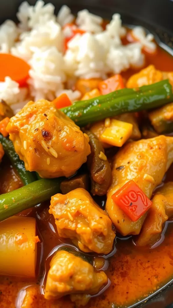 A bowl of Japanese chicken curry with rice and vegetables.