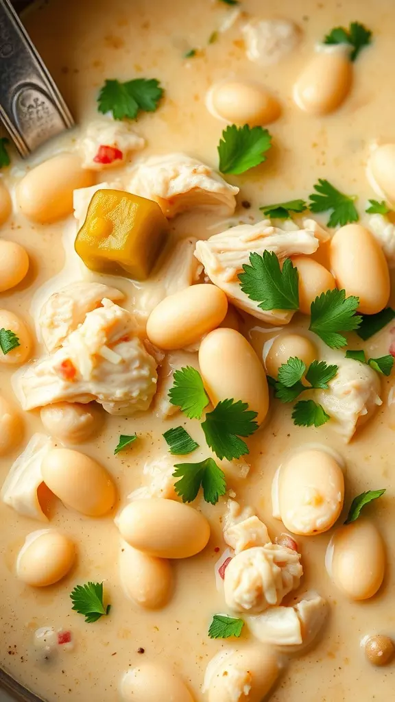 A bowl of creamy white chicken chili with chicken, white beans, and fresh cilantro.