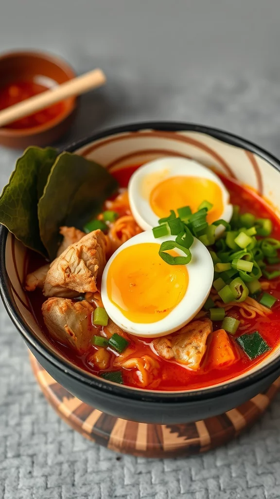 This spicy chicken ramen bowl is a quick and tasty meal you can whip up any night. Toss in some rotisserie chicken, noodles, and fresh veggies for a satisfying dish. It’s perfect for warming up on a cool evening!