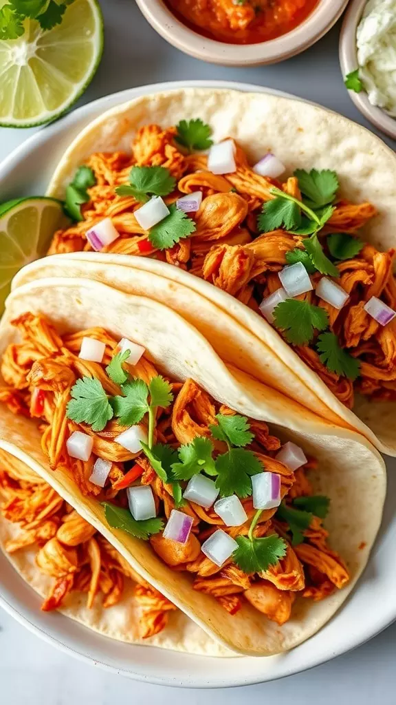 Two spicy shredded chicken tacos garnished with cilantro and onions on a plate