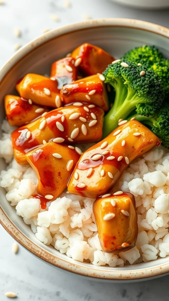 A bowl of teriyaki chicken with broccoli and rice, topped with sesame seeds.