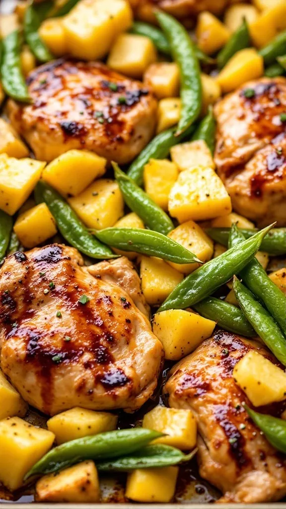 This Teriyaki Chicken Thighs with Pineapple and Snap Peas is the perfect mix of sweet, savory, and fresh! Juicy, caramelized chicken thighs are glazed in a rich teriyaki sauce, roasted with golden pineapple chunks and crisp snap peas for a simple yet flavorful meal. Everything bakes together on one pan, making this an easy, mess-free dinner that delivers on taste!