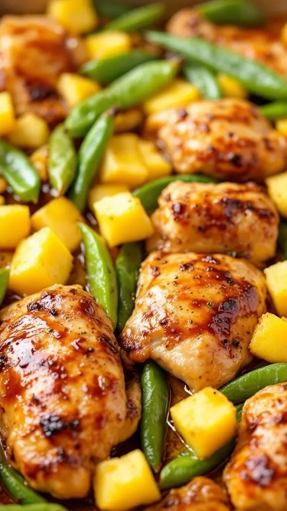 Sheet pan meal with chicken thighs, snap peas, and pineapple chunks.