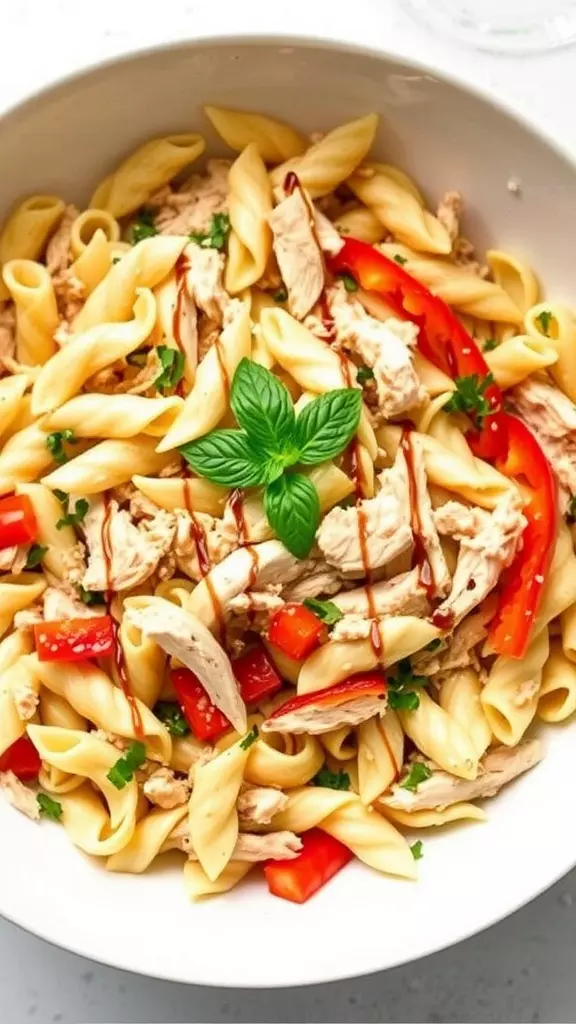 A bowl of zesty chicken pasta salad with shredded chicken, pasta, red peppers, and garnished with basil.