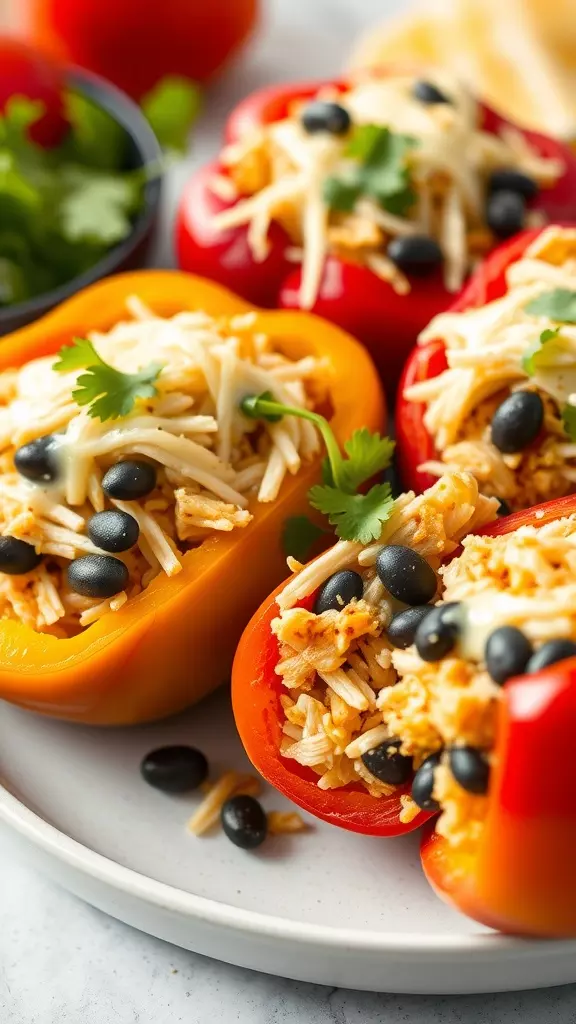 Colorful stuffed bell peppers filled with shredded chicken, black beans, and cheese.