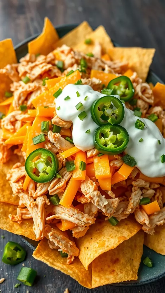 A plate of zesty shredded chicken nachos topped with cheese, jalapeños, and sour cream.