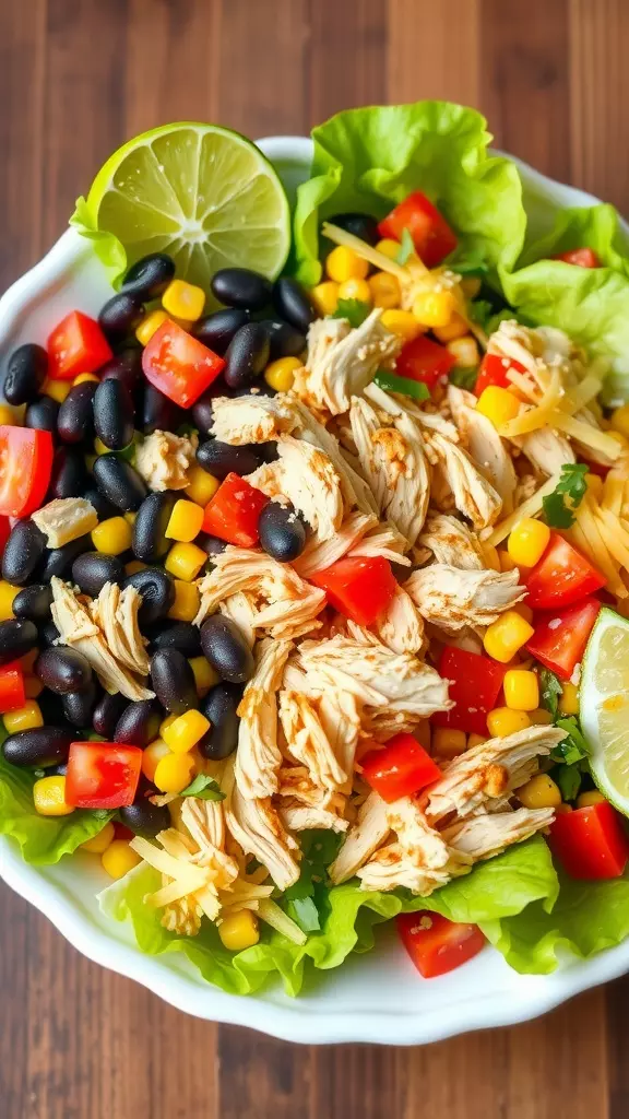 A vibrant taco salad with shredded chicken, black beans, corn, tomatoes, and lime wedges.